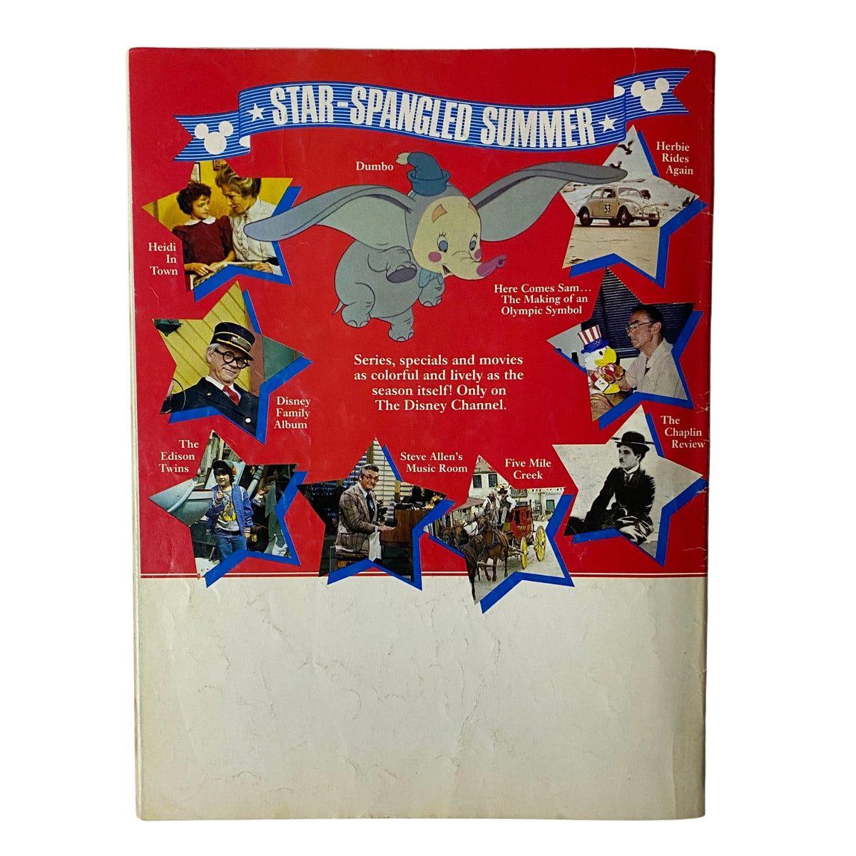 Back cover of The Disney Channel Magazine June 1984 showcasing summer programming highlights and features including Dumbo, Heid in Town, and a tribute to classic Disney characters.