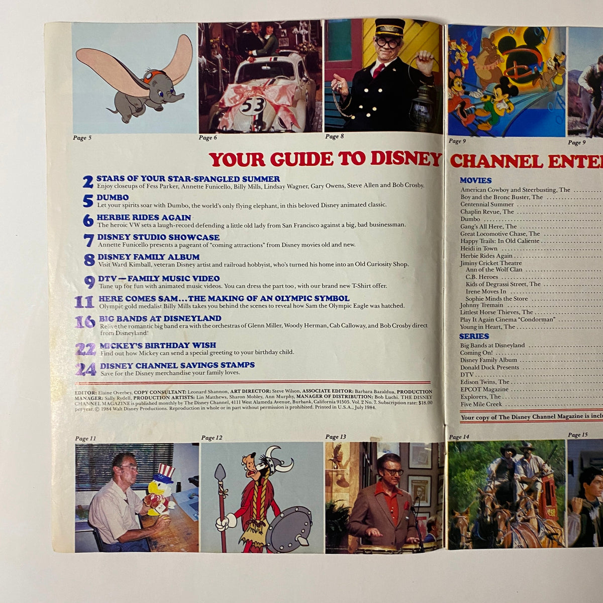 Inside page of The Disney Channel Magazine July 1984 detailing program highlights including Dumbo, Herbie Rides Again, and a Disney Studio Showcase.