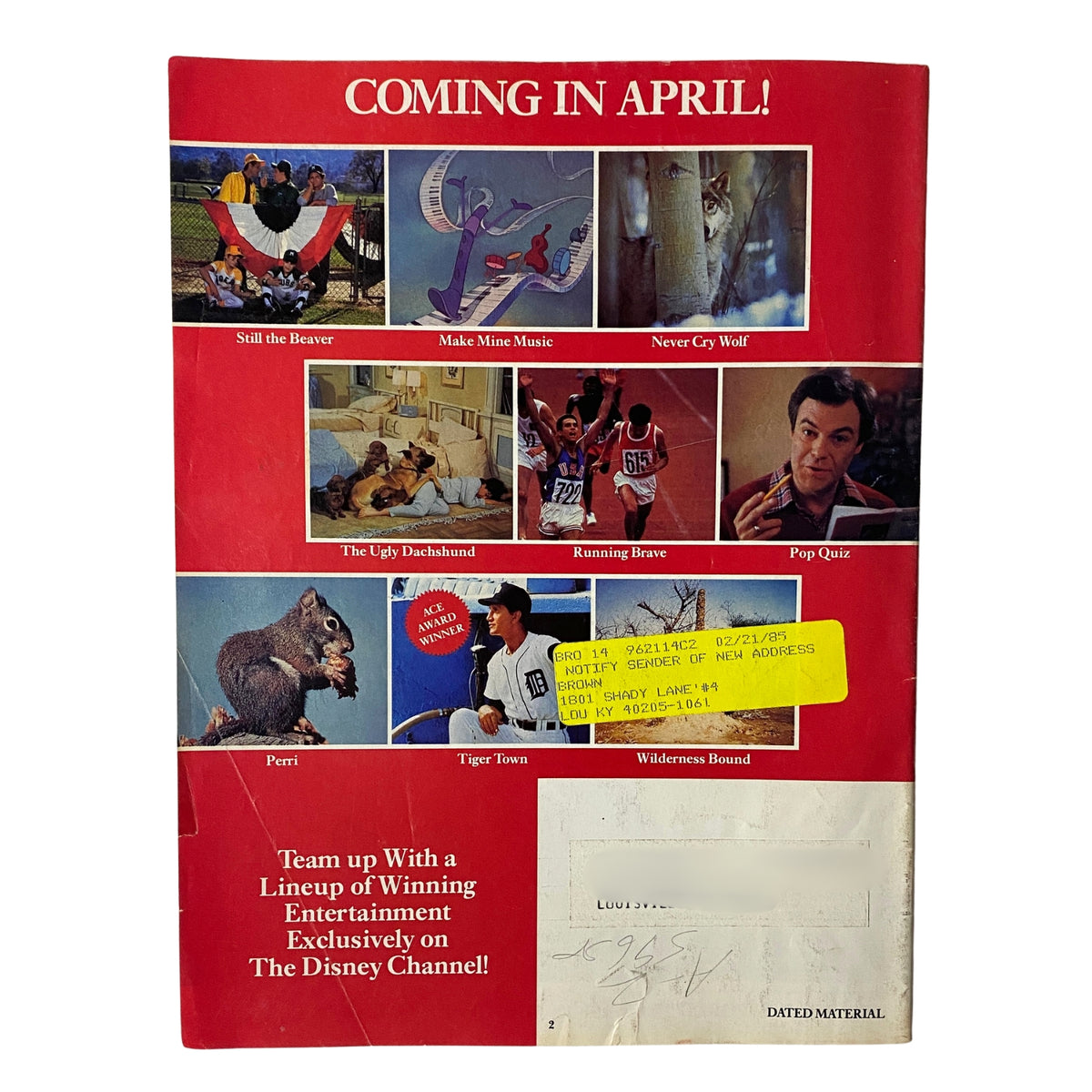 Back cover of The Disney Channel Magazine March 1985 showcasing upcoming programs with promotional features, including shows like 'Still the Beaver' and 'Never Go Wild'.