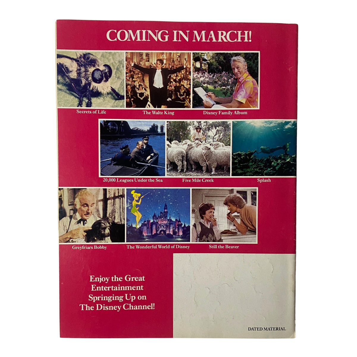 Back cover of The Disney Channel Magazine February 1985 announcing upcoming programs such as 'Secrets of Life' and 'The Walt King'.