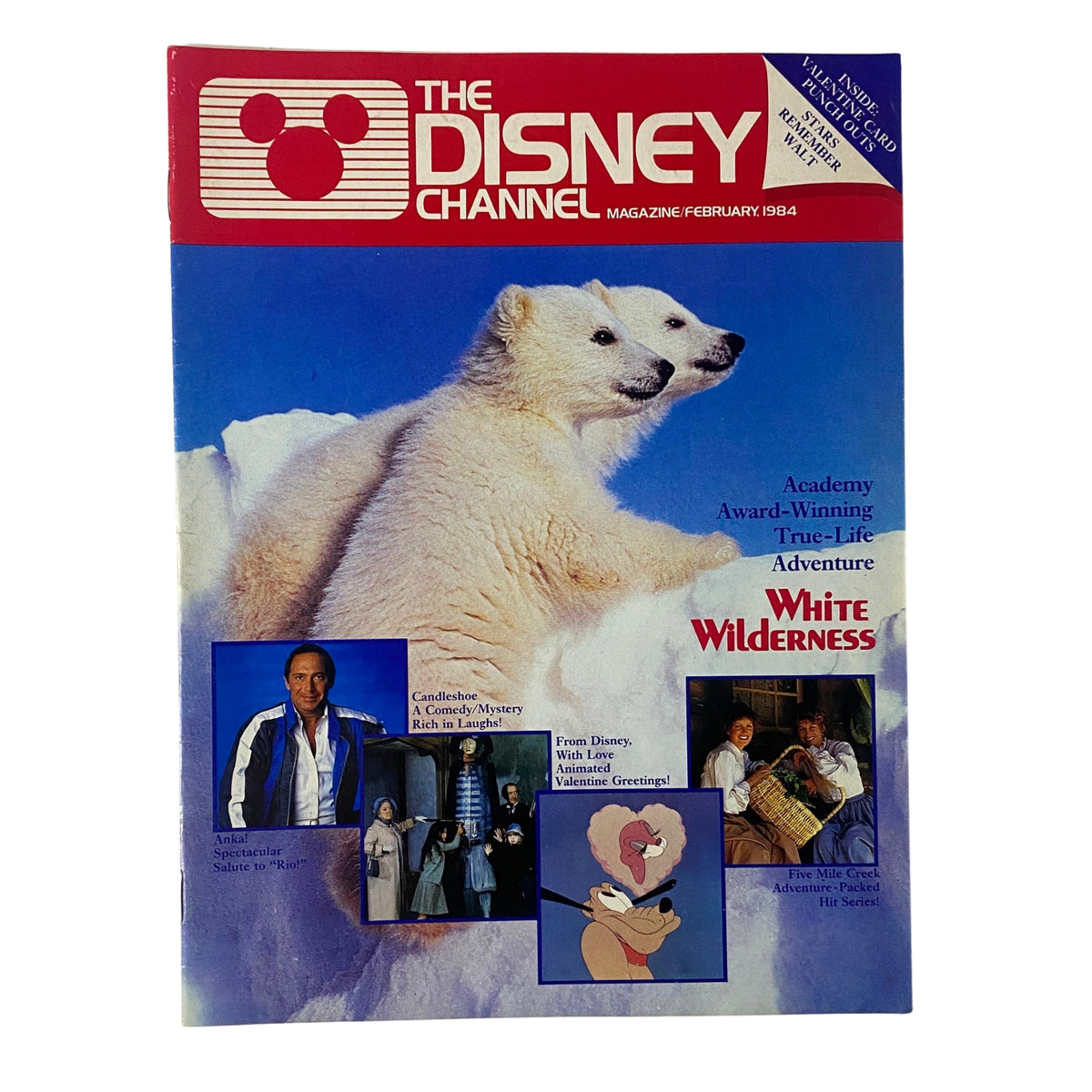 Cover of The Disney Channel Magazine February 1984 featuring the Academy Award-winning adventure White Wilderness, along with highlights from the series Five Mile Creek. The magazine showcases an image of a polar bear and includes colorful graphics under the Disney Channel branding.