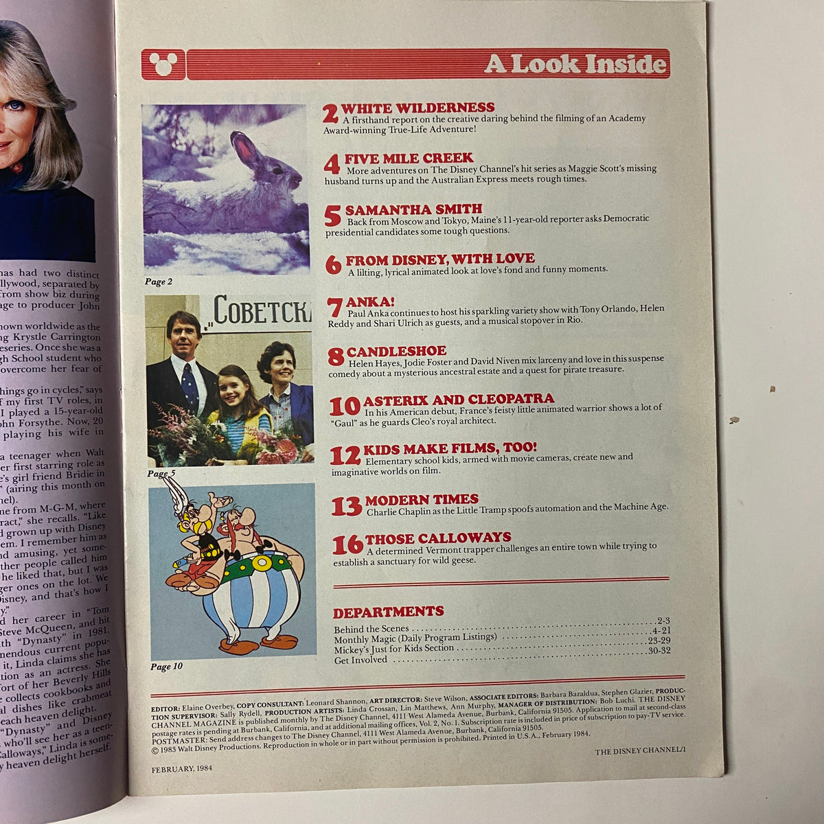 A look inside The Disney Channel Magazine February 1984 featuring content highlights from White Wilderness, Five Mile Creek, and upcoming articles. The page showcases vibrant images and titles, emphasizing the magazine's rich features from its first year of broadcast.