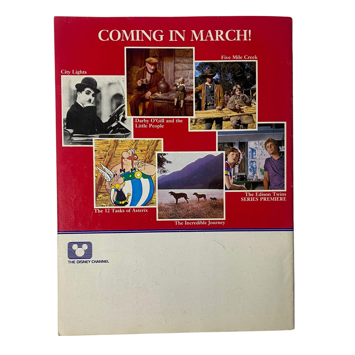 The back cover of The Disney Channel Magazine February 1984, promoting upcoming features like City Lights and Five Mile Creek. The colorful layout includes images from classic films and shows, highlighting the magazine's diverse content.