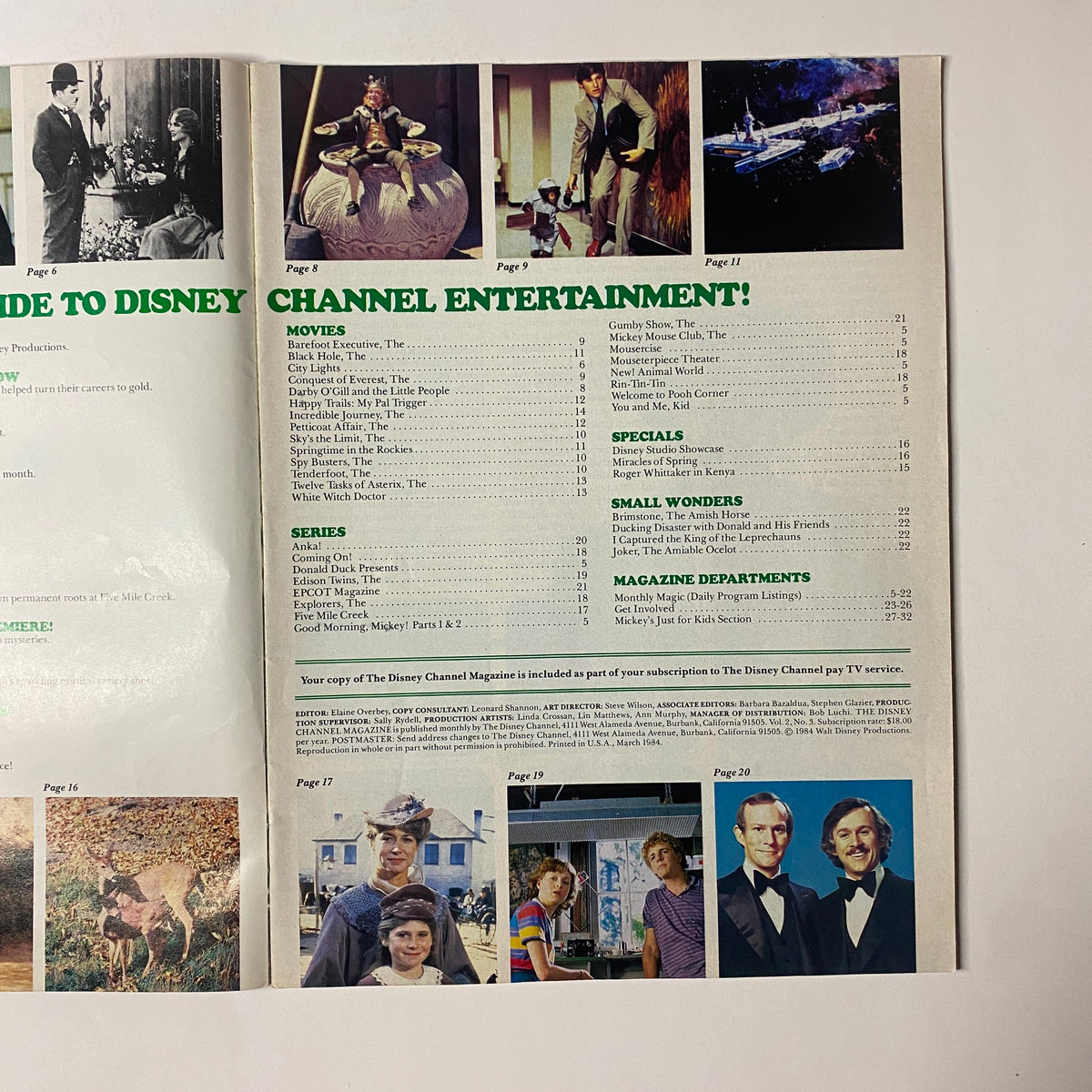 Another inside page of The Disney Channel Magazine March 1984, presenting a detailed list of movies and series, including the iconic Darby O'Gill and the Little People.