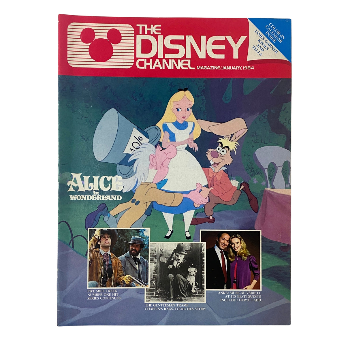 Cover of The Disney Channel Magazine January 1984 featuring Alice in Wonderland with classic Disney animation and promotional images from various shows.
