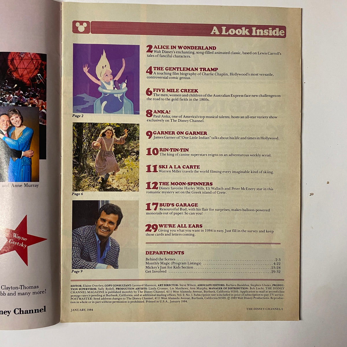 Inside pages of The Disney Channel Magazine January 1984 showing articles and features including Alice in Wonderland, The Gentleman Tramp, and Five Mile Creek.