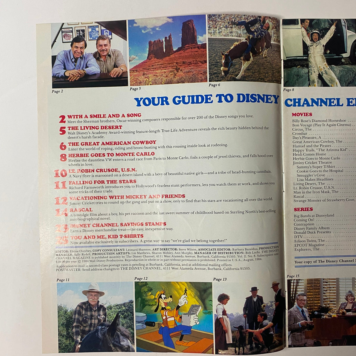 Inside view of The Disney Channel Magazine from August 1984, featuring articles on The Living Desert, Mickey and Friends, and various movie highlights.