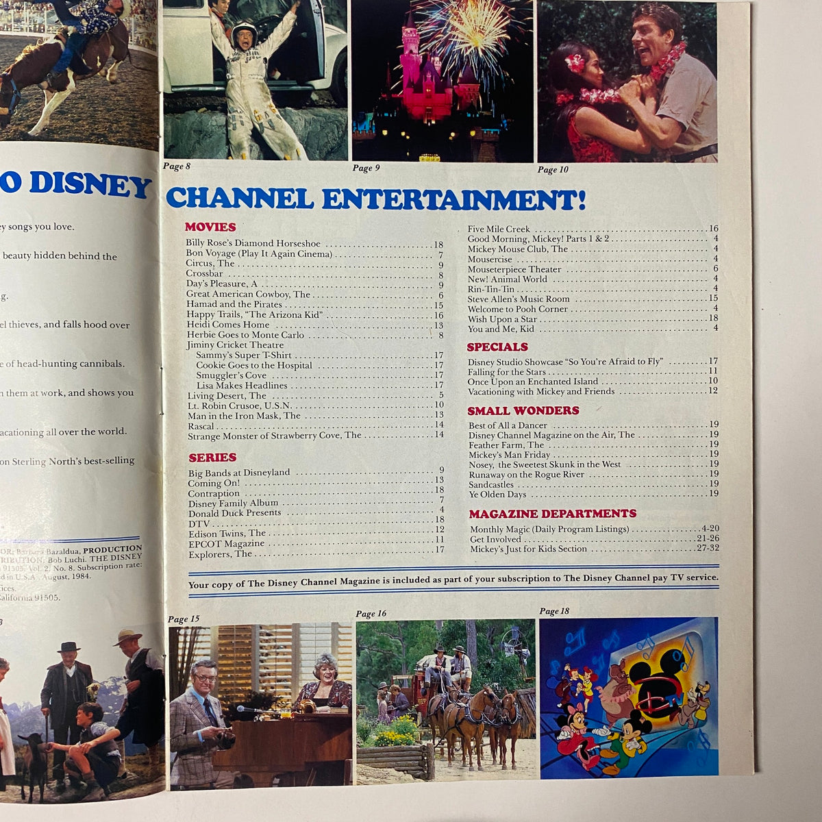 Another page from The Disney Channel Magazine, August 1984, showcasing listings of movies, specials, and magazine departments related to Disney Channel content.