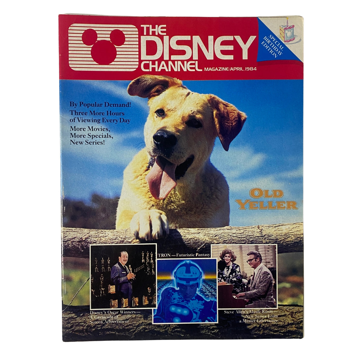 Cover of The Disney Channel Magazine April 1984, featuring Old Yeller, with images of Disney shows and movies.