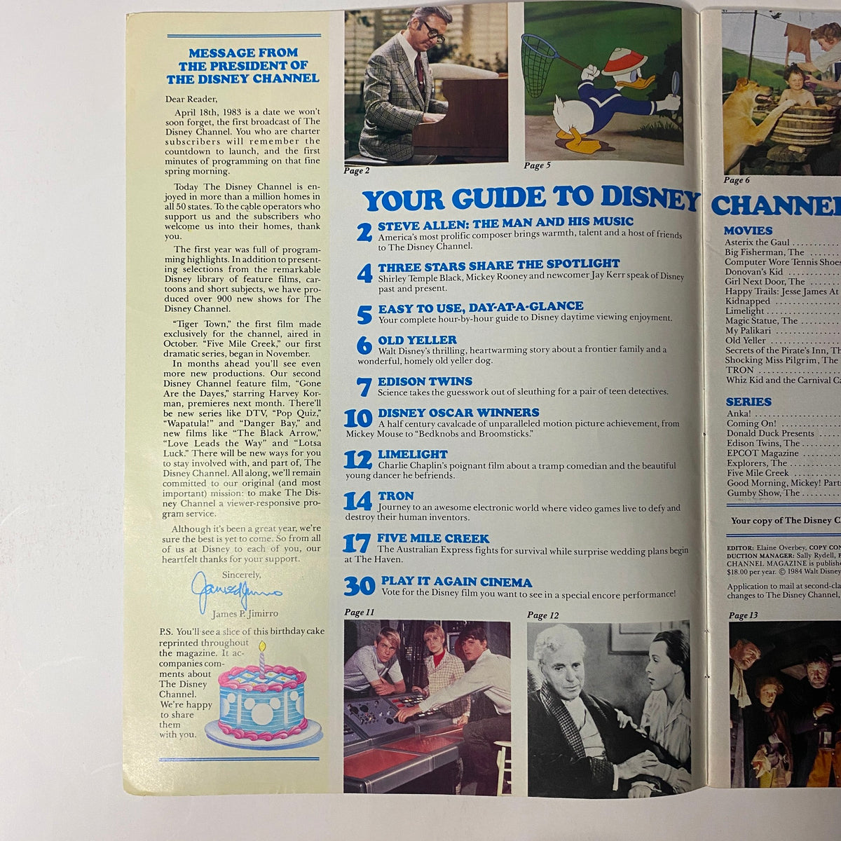 Inside page of The Disney Channel Magazine April 1984, detailing articles including Steve Allen's Music Room and Disney Oscar Winners.