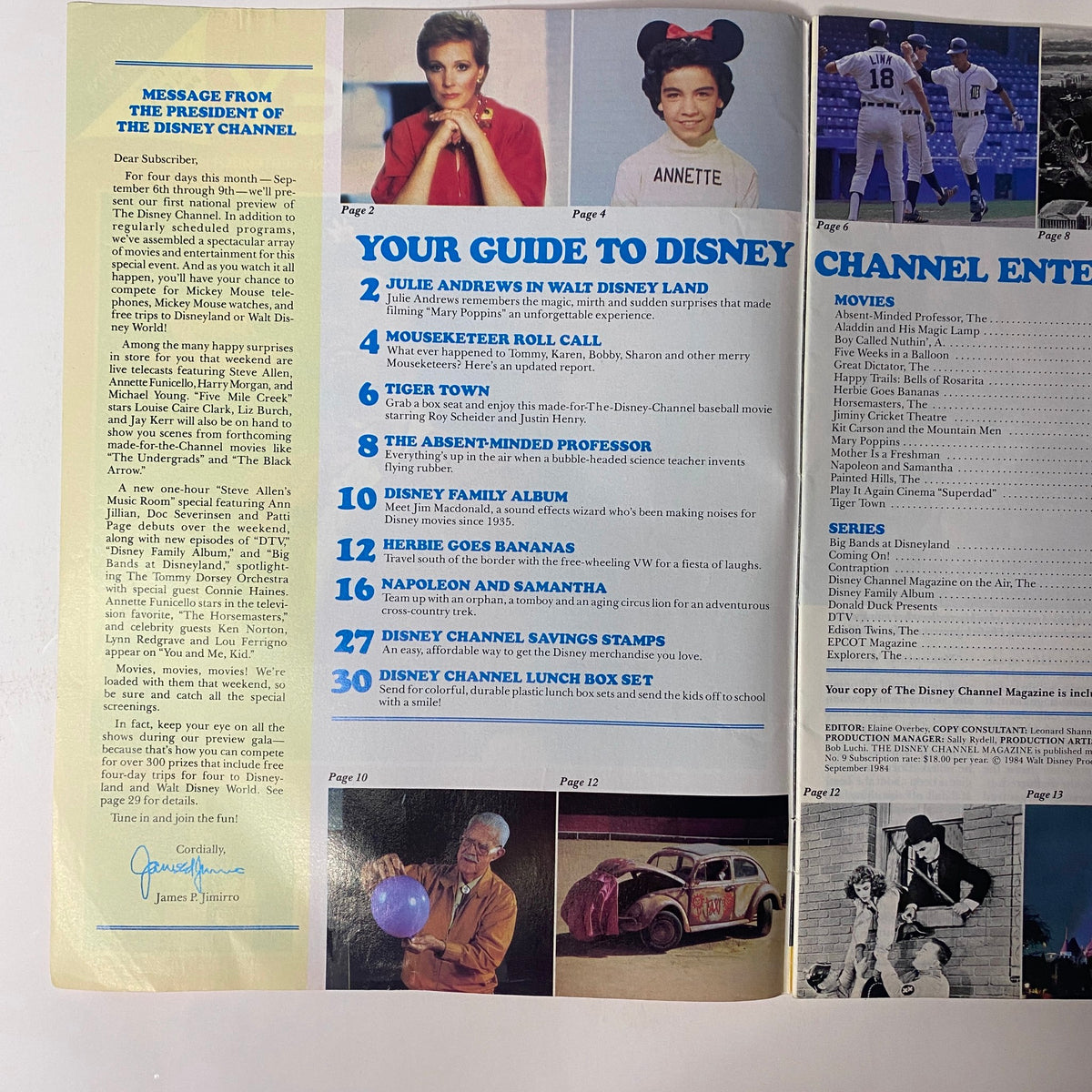 Inside spread of The Disney Channel Magazine September 1984, featuring articles about Julie Andrews in Walt Disney Land and Mouseketeer Roll Call with images related to Tiger Town.