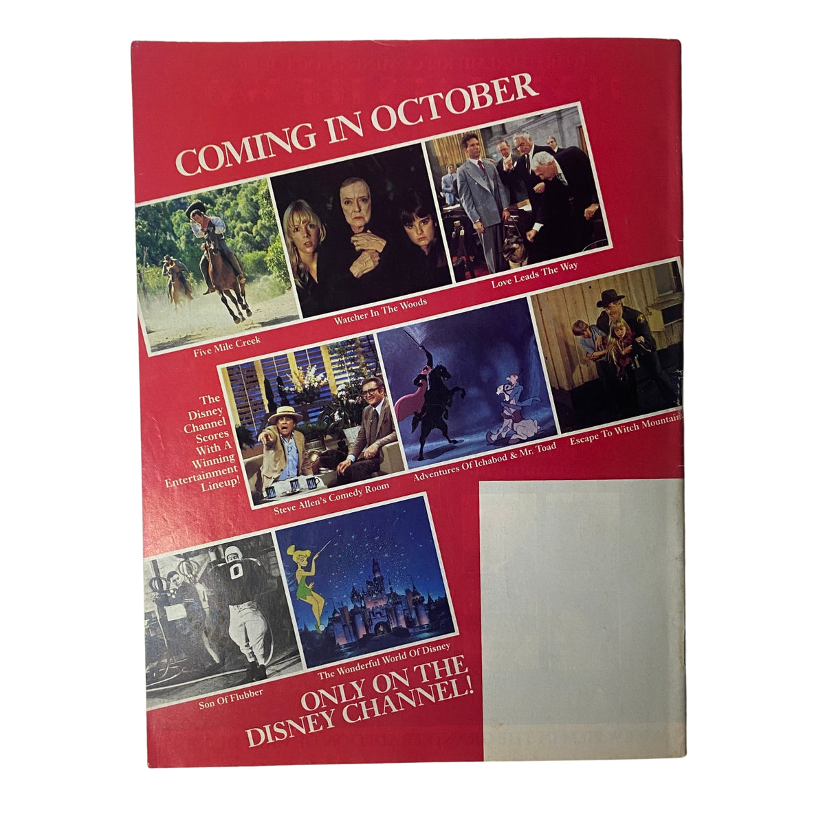 Back cover of The Disney Channel Magazine September 1984, featuring upcoming programs coming in October, showcasing more Disney content for viewers.