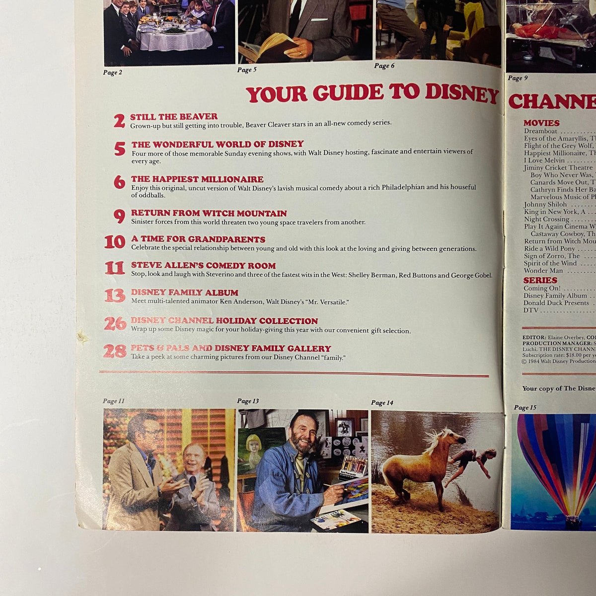 Inside page of The Disney Channel Magazine November 1984 showing featured articles including Still the Beaver and The Wonderful World of Disney.