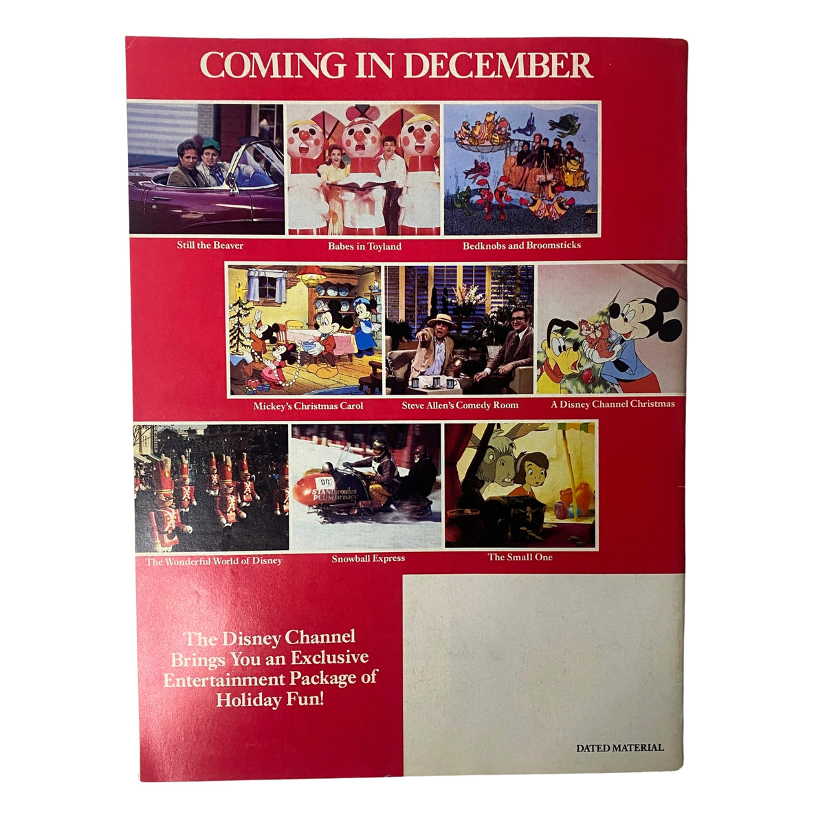 Back cover of The Disney Channel Magazine November 1984 featuring upcoming events and promotions for December, including Still the Beaver and Mickey's Christmas Card.