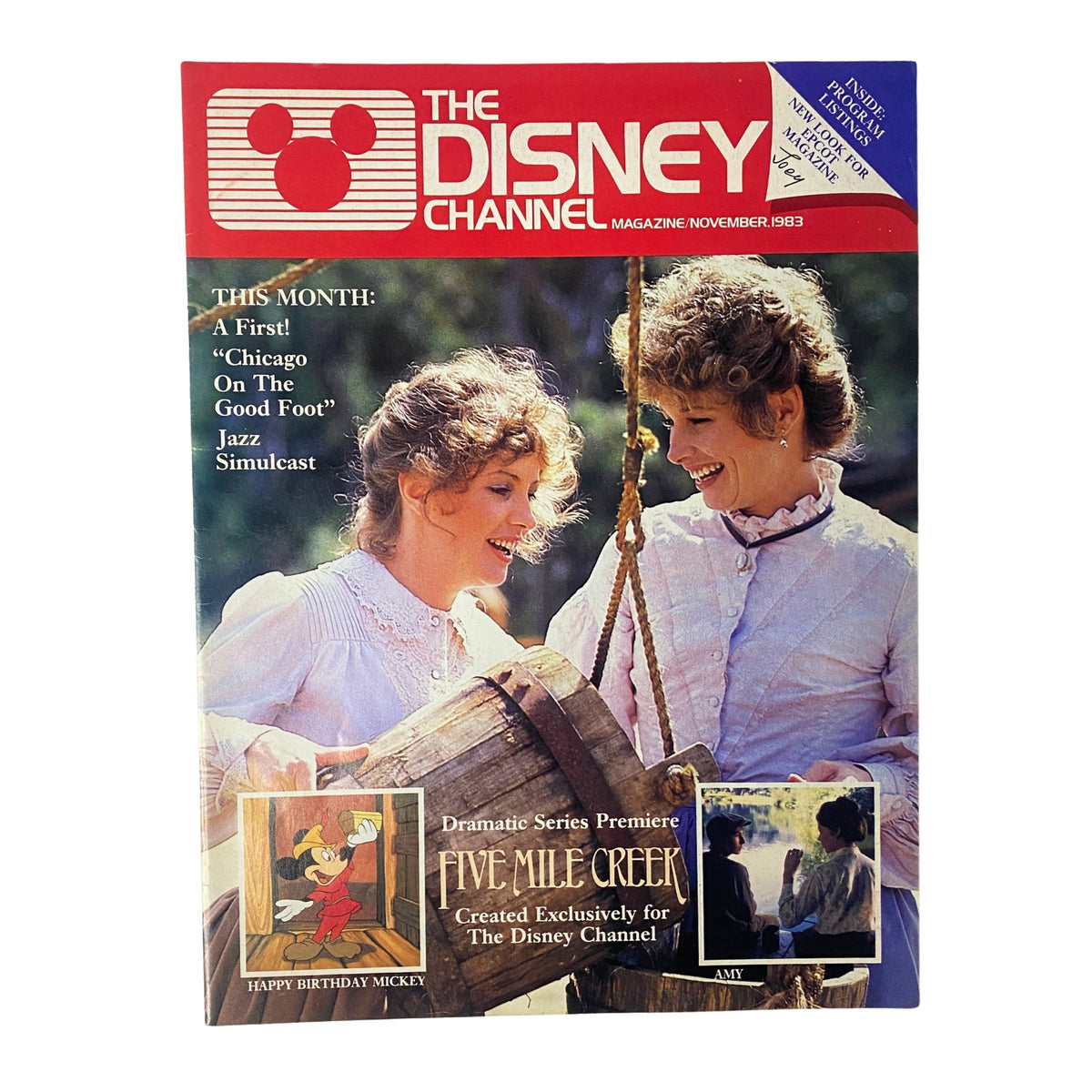 The Disney Channel Magazine November 1983, featuring the dramatic series premiere of Five Mile Creek, a birthday celebration for Mickey Mouse, and highlights from Chicago on the Good Foot, showcasing Amy and a festive cover.