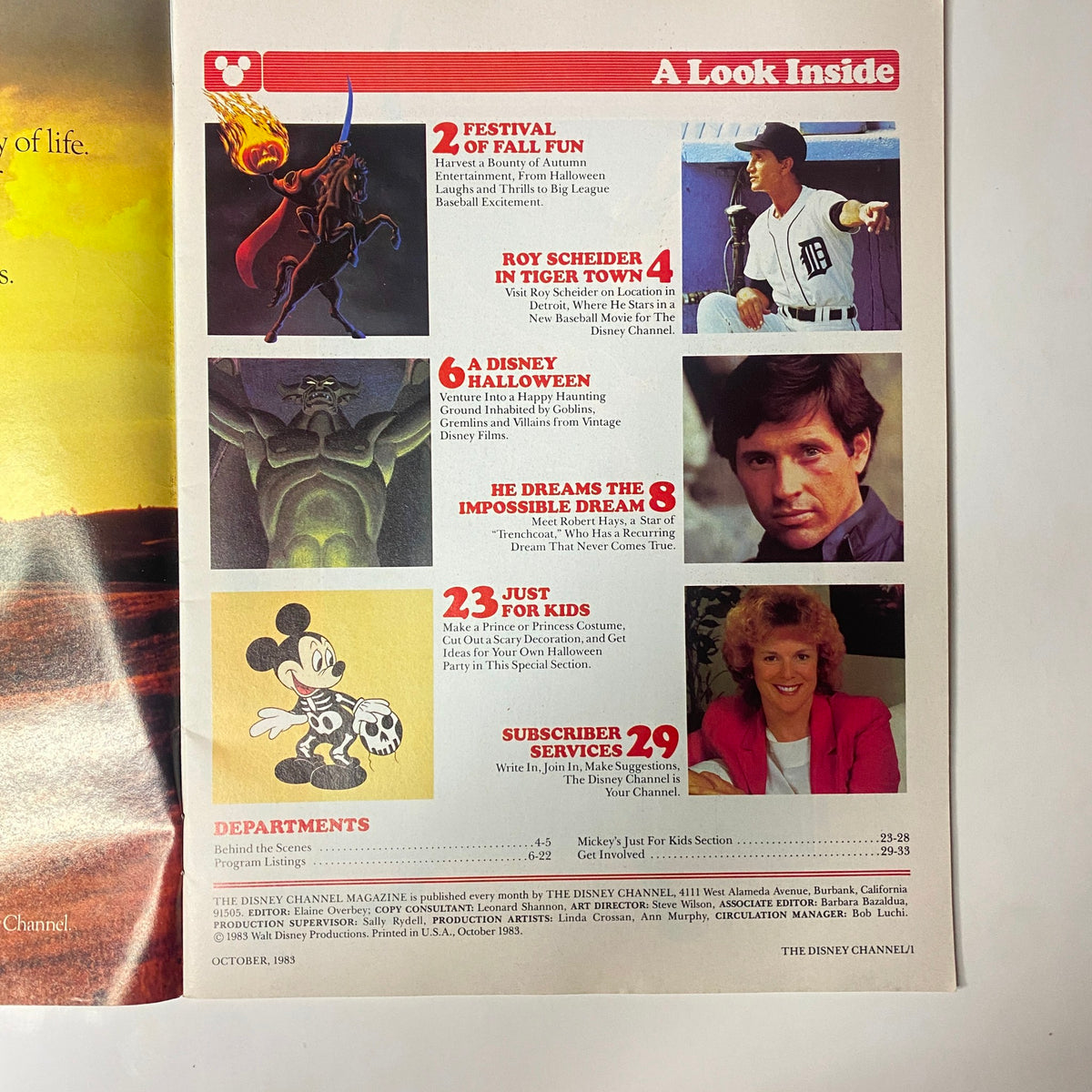 Inside page of The Disney Channel Magazine October 1983 featuring contents list including 'Festival of Fall Fun', 'Roy Scheider in Tiger Town', and 'A Disney Halloween', highlighting articles and sections relevant to the magazine.