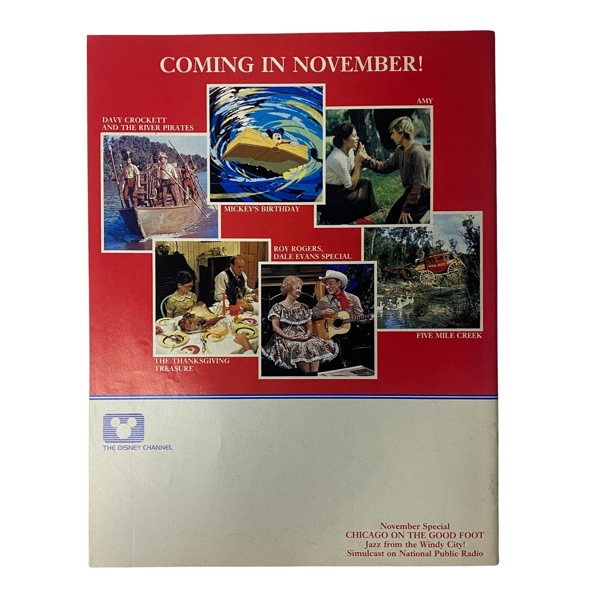 Back cover of The Disney Channel Magazine October 1983 announcing upcoming programs for November, including specials featuring Roy Scheider and Mickey's Birthday, with images and text about the featured events.