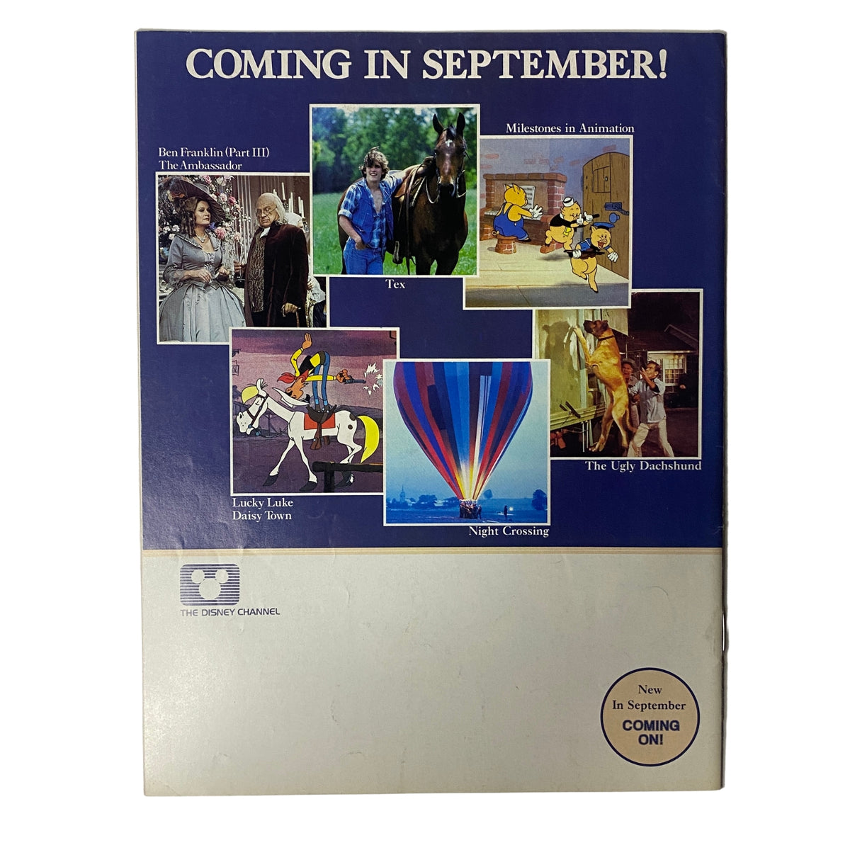 The back cover of The Disney Channel Magazine August 1983 showcasing upcoming September programs, promoting Ben Franklin, animation milestones, and more.