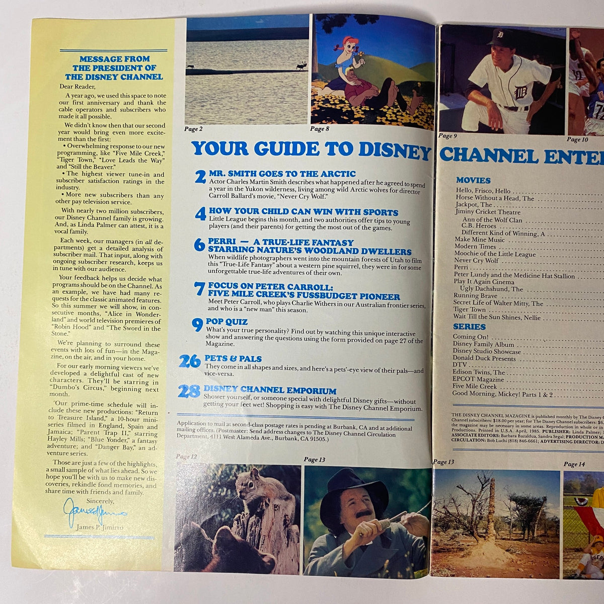 Inside spread of The Disney Channel Magazine, April 1985 showcasing feature articles including 'Mr. Smith Goes to the Arctic' and 'Perri: A True-Life Fantasy'. The pages highlight Disney Channel programming and a variety of engaging content.