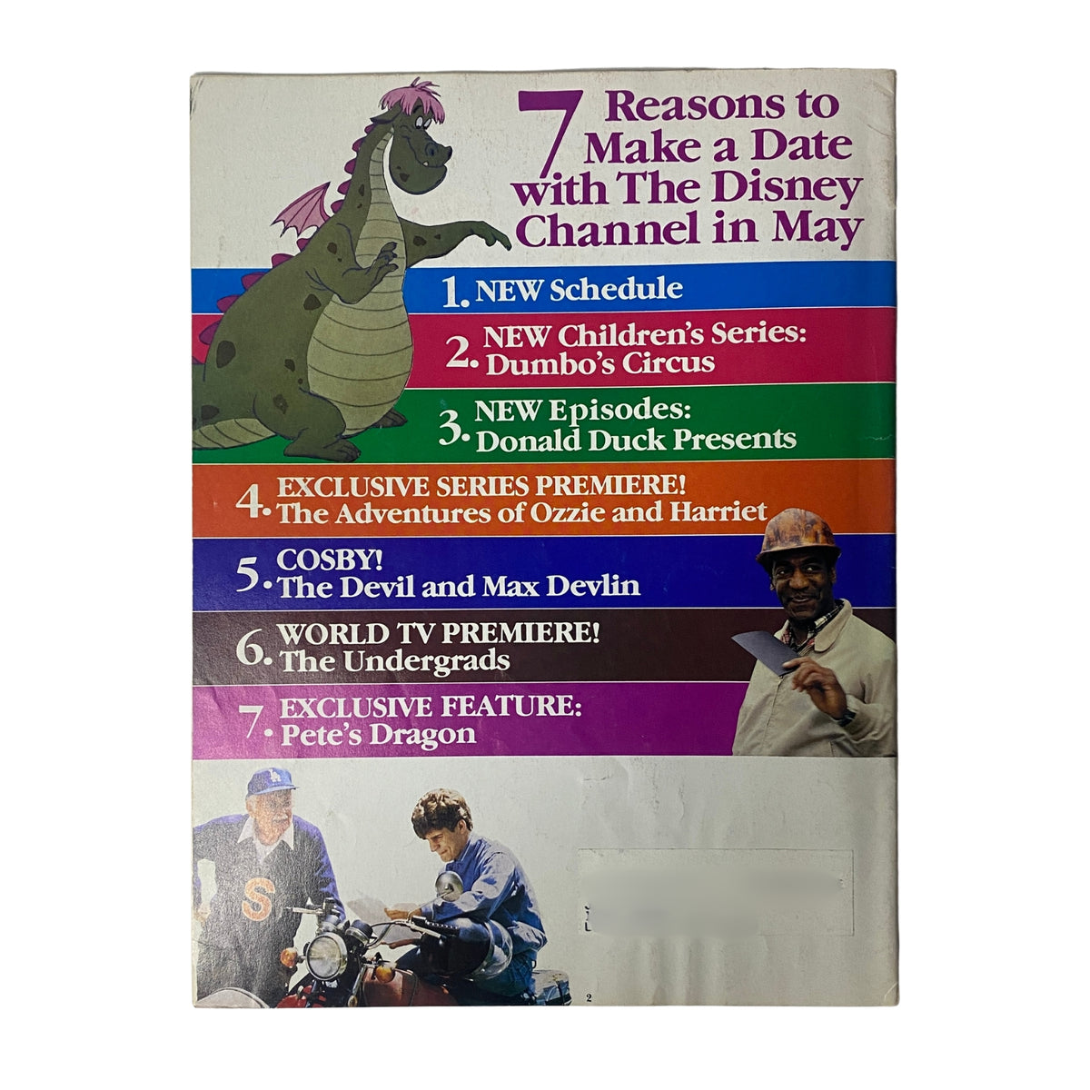 Cover of The Disney Channel Magazine April 1985 promoting upcoming features. Lists '7 Reasons to Make a Date with The Disney Channel in May,' highlighting new shows and series including 'The Adventures of Ozzie and Harriet' and 'Pete's Dragon.'