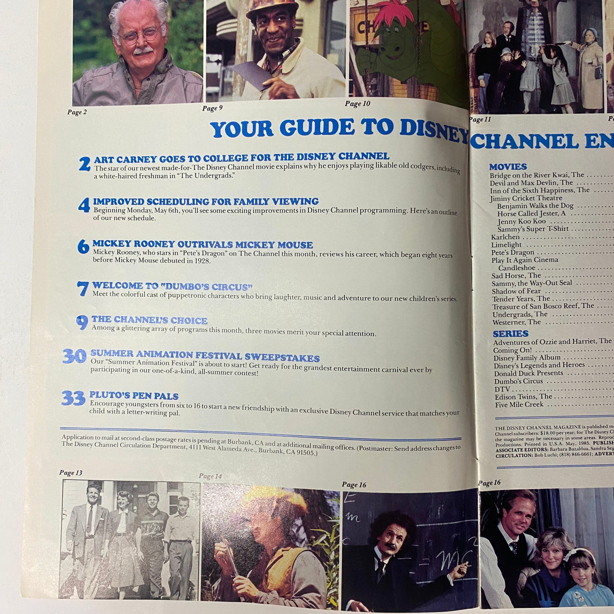 Inside page of The Disney Channel Magazine May 1985 highlighting feature articles including Art Carney Goes to College for The Disney Channel and Mickey Rooney Outrivals Mickey Mouse.