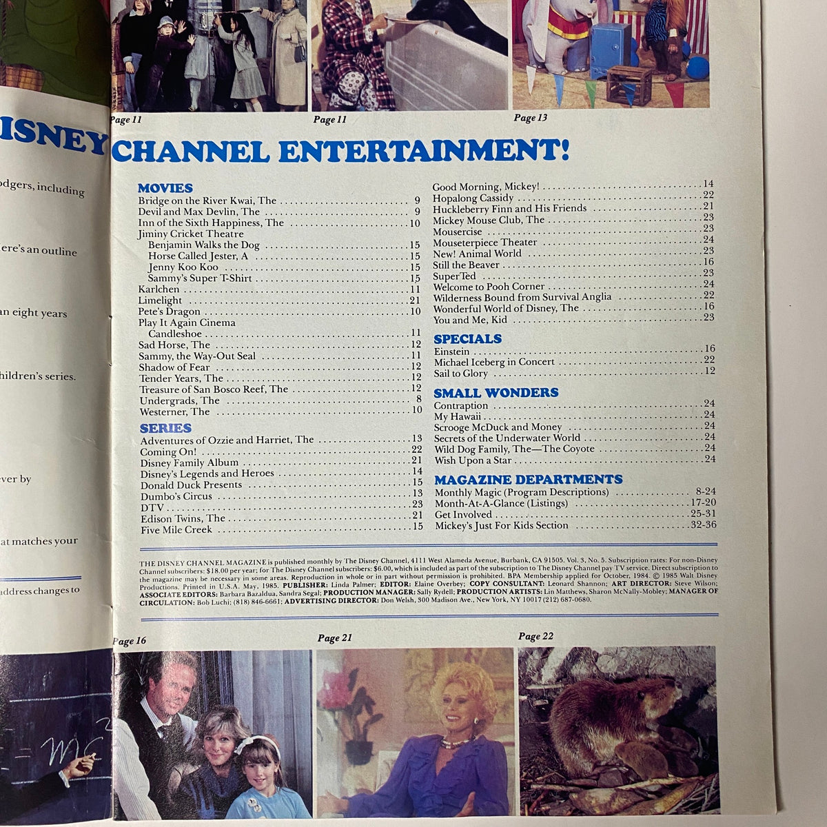 Contents page of The Disney Channel Magazine May 1985 listing movies, series, and special programs featured this month on the Disney Channel.
