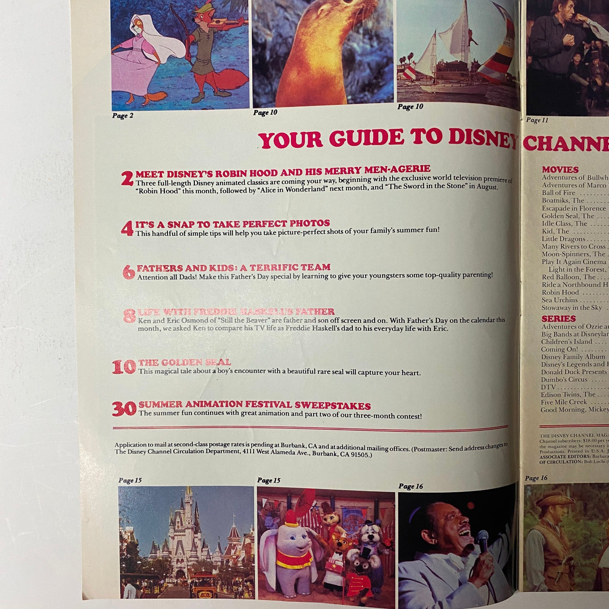 Inside page of The Disney Channel Magazine June 1985 showing an article about Disney’s Robin Hood, along with tips for taking perfect family photos.