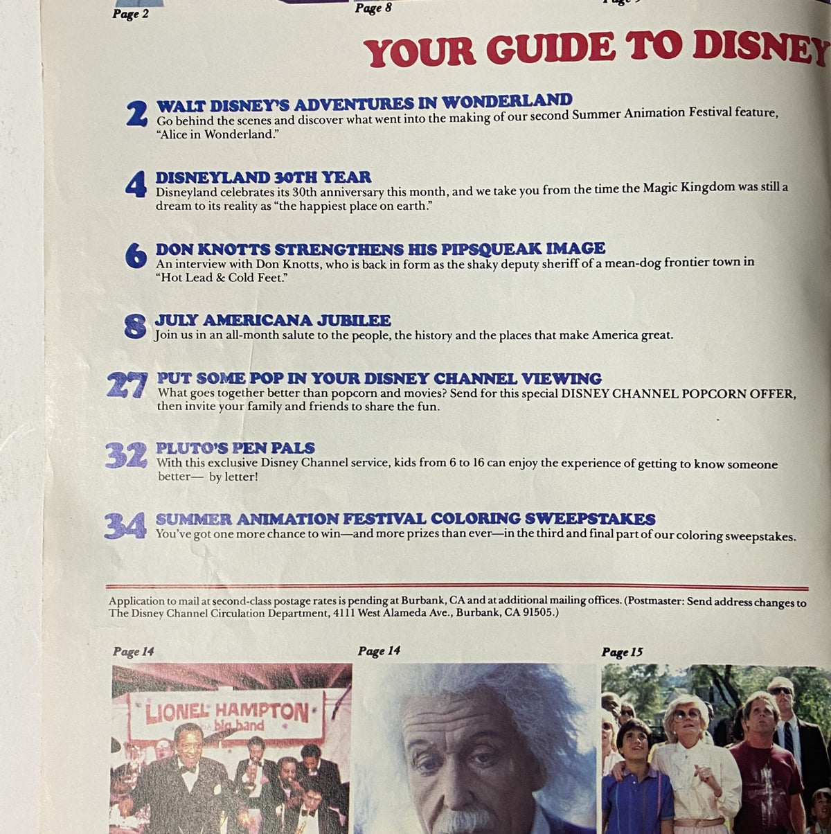 Page 8 of The Disney Channel Magazine July 1985 detailing articles such as Walt Disney’s Adventures in Wonderland, Disneyland 30th Year, and Don Knotts interview, showcasing the magazine's features.