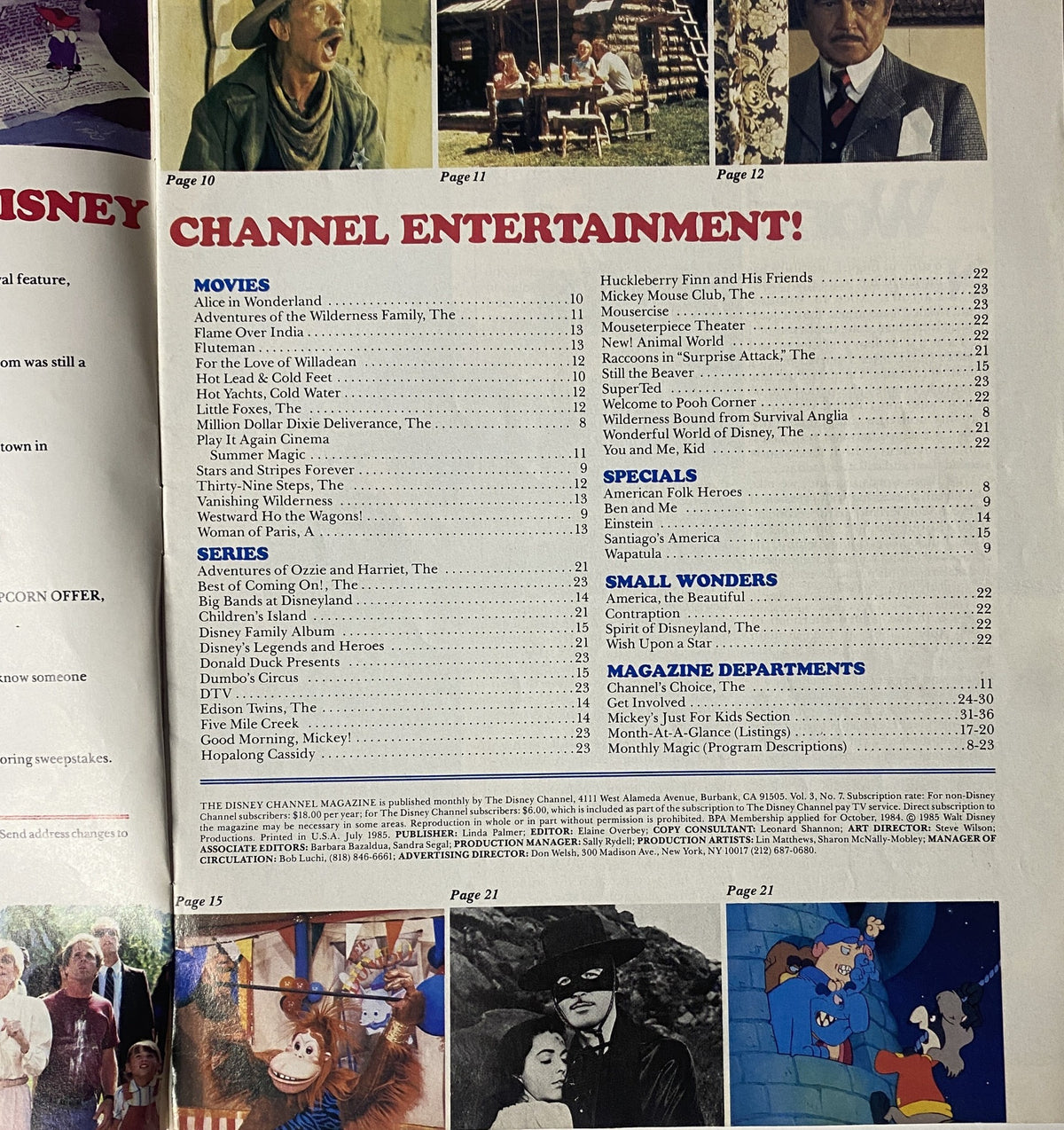 Page 10 of The Disney Channel Magazine July 1985 listing movies and series content, including Alice in Wonderland, along with a detailed schedule of Disney Channel programming.