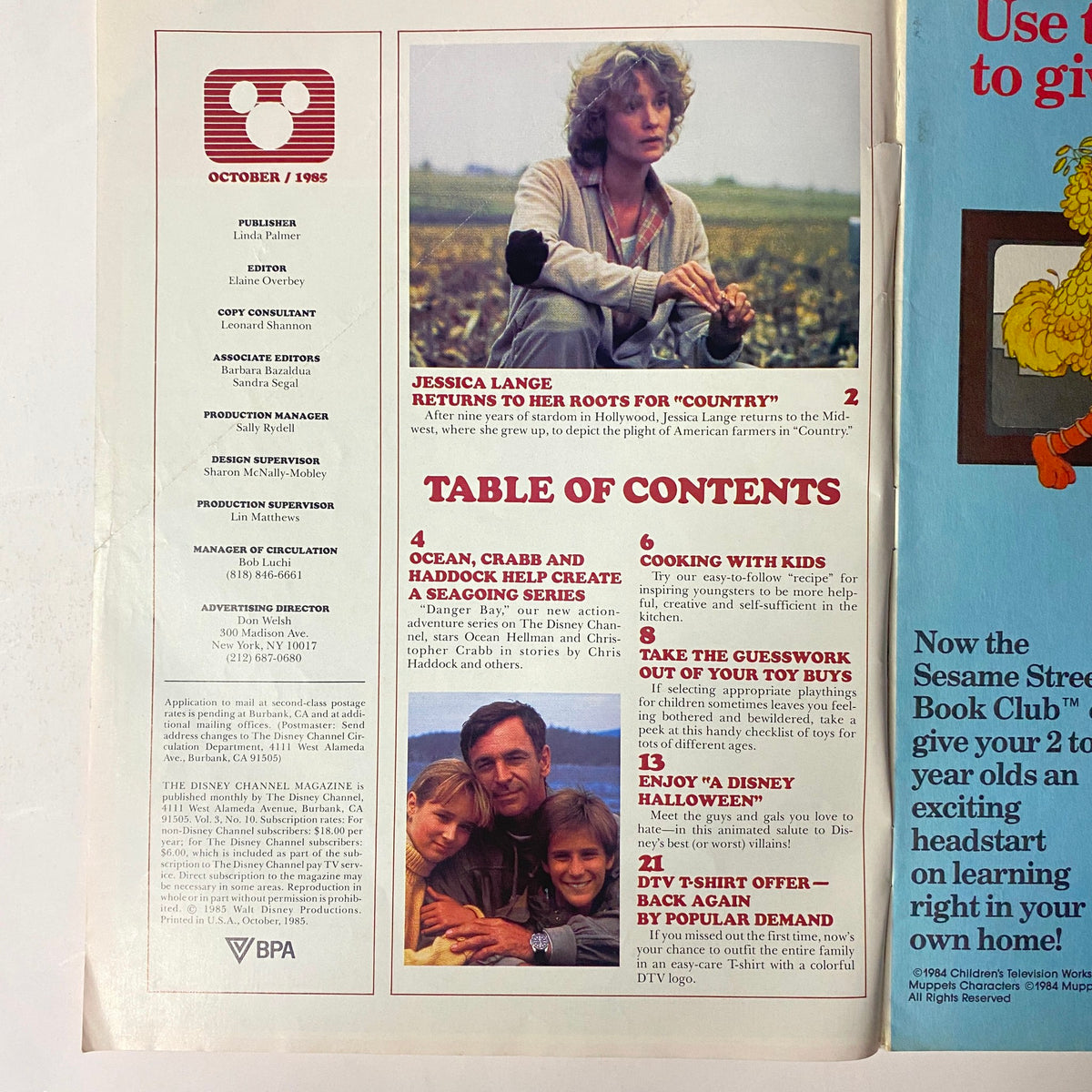 Inside page of The Disney Channel Magazine October 1985 featuring the article 'Jessica Lange Returns to Her Roots for Country' and the table of contents listing shows including 'Danger Bay' and family-focused features.