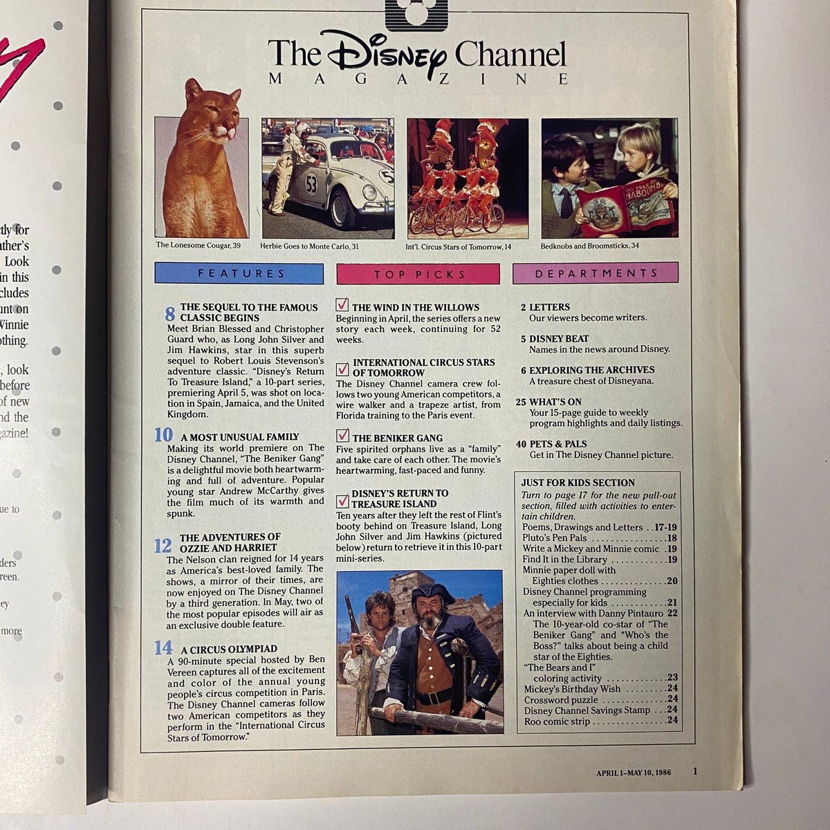 The Disney Channel Magazine April 1-May 10, 1986 page displaying a contents list, highlighting features like 'The Beniker Gang' and 'A Circus Olympiad'.