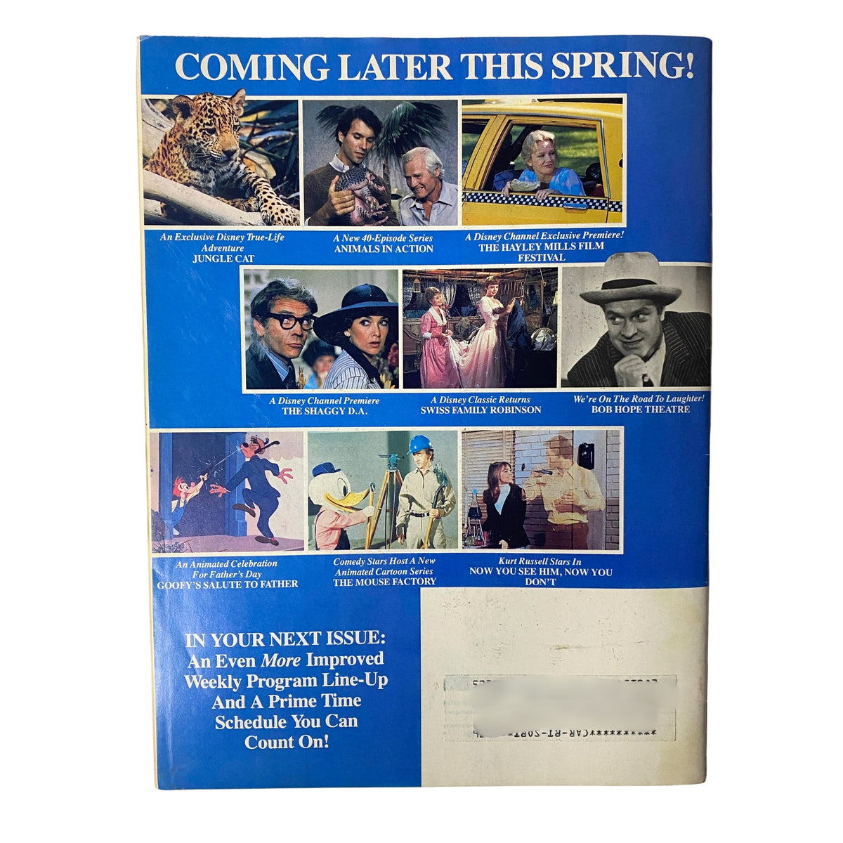 The back cover of The Disney Channel Magazine April 1-May 10, 1986 showcasing upcoming features including 'Jungle Cat' and 'The Smugglers'.