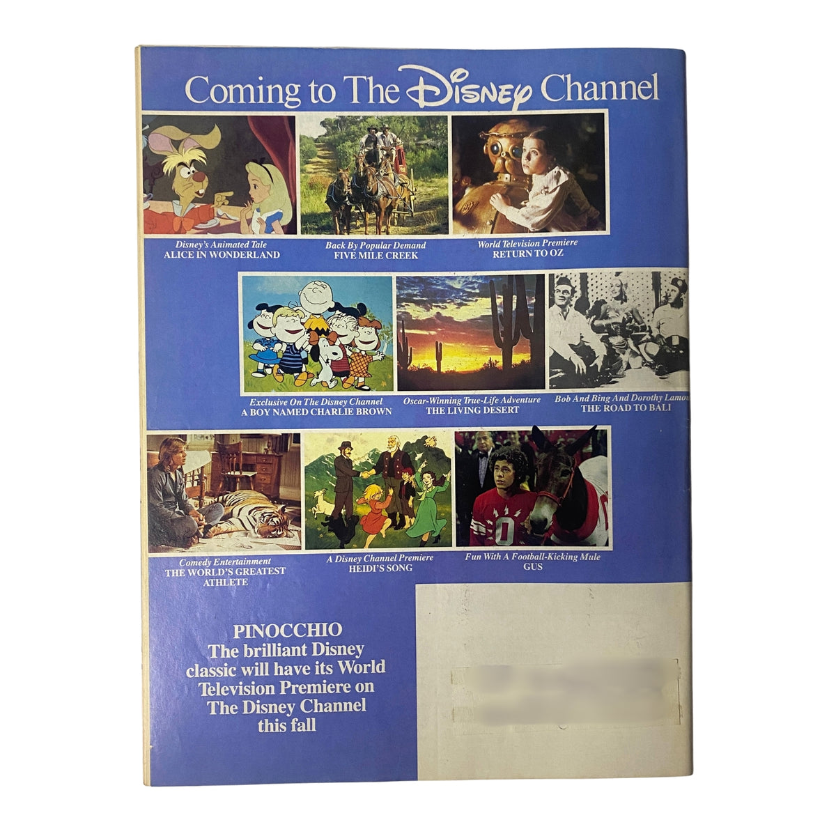 Back cover of The Disney Channel Magazine June 22 to August 2, 1986, advertising upcoming shows including classic Disney films and animated series.