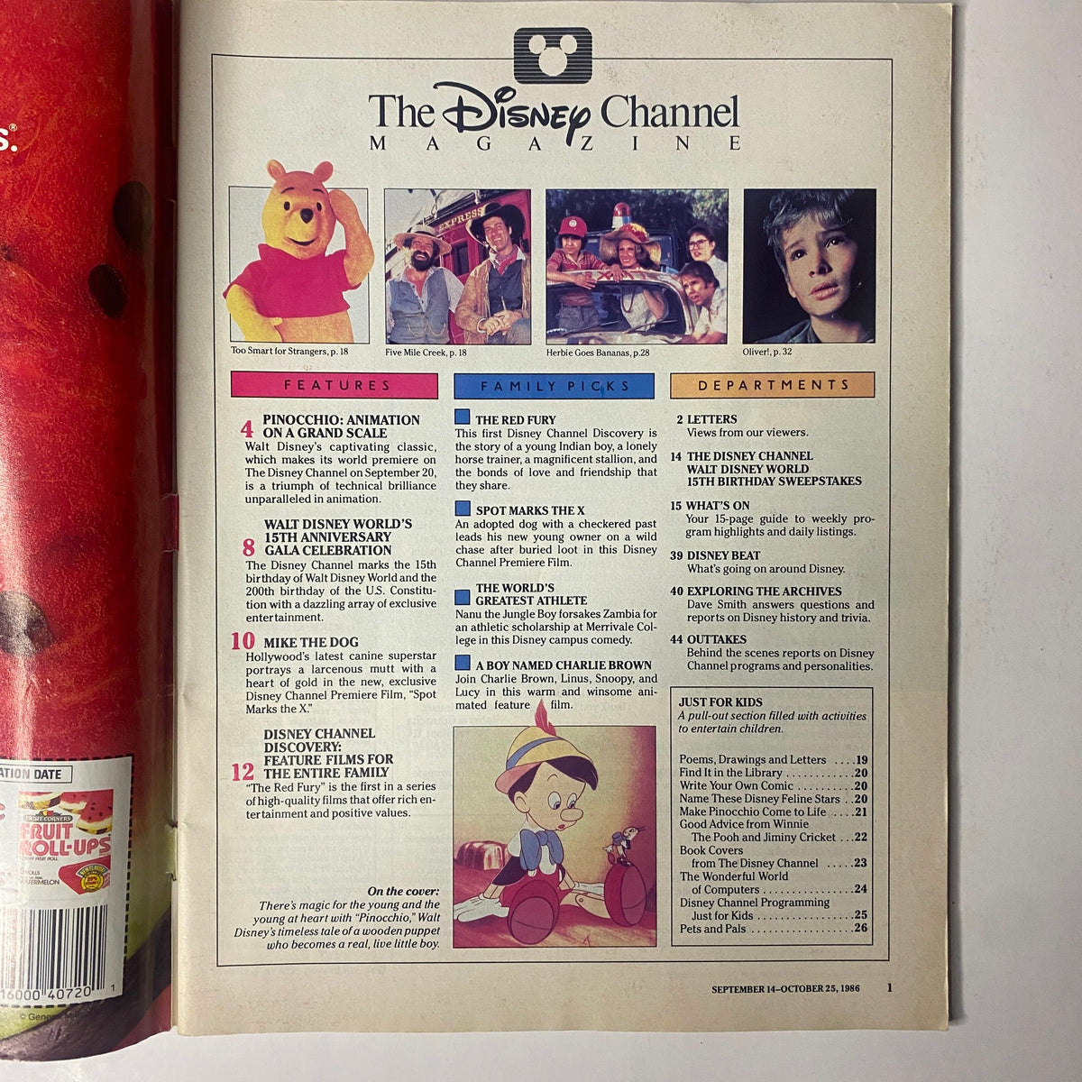 Inside page of The Disney Channel Magazine listing features and family picks, showcasing articles about Pinocchio's animation and other Disney content, dated September 14, 1986.