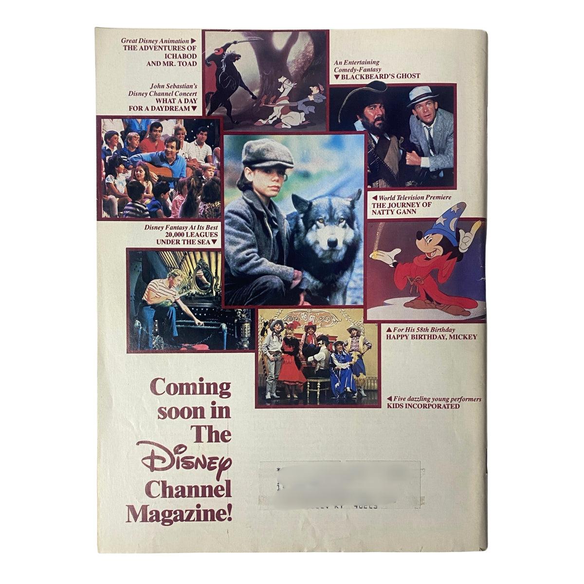Back cover of The Disney Channel Magazine advertising upcoming Disney programming and events, dated September 14, 1986.