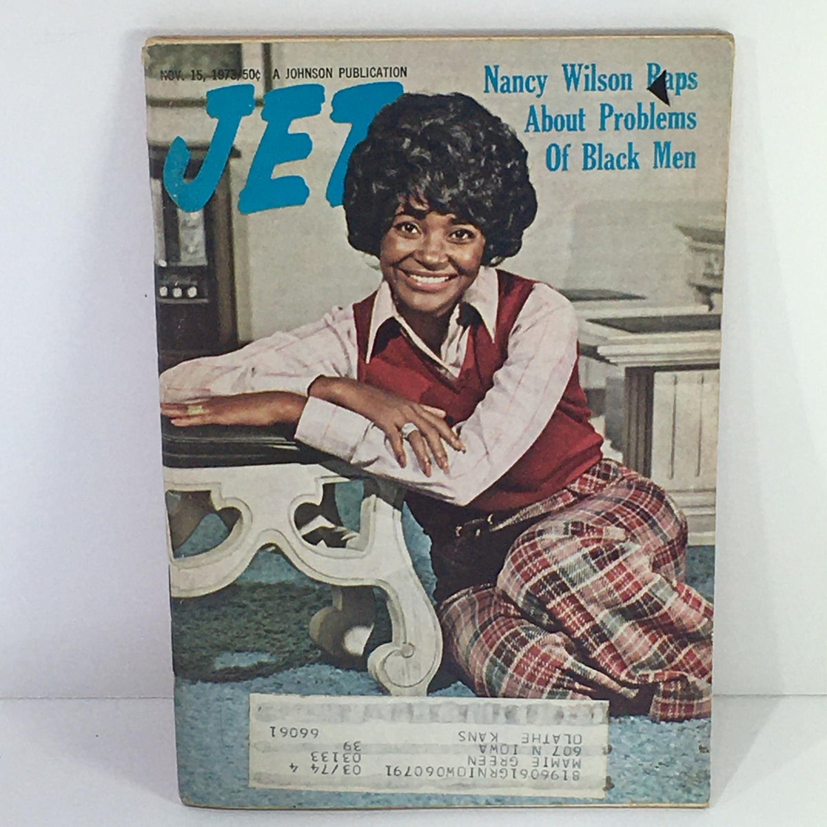 Jet Magazine cover from November 15, 1973, featuring Nancy Wilson discussing the Problems of Black Men. The magazine showcases a smiling Wilson in a stylish outfit, representing the cultural dialogue of the 1970s.