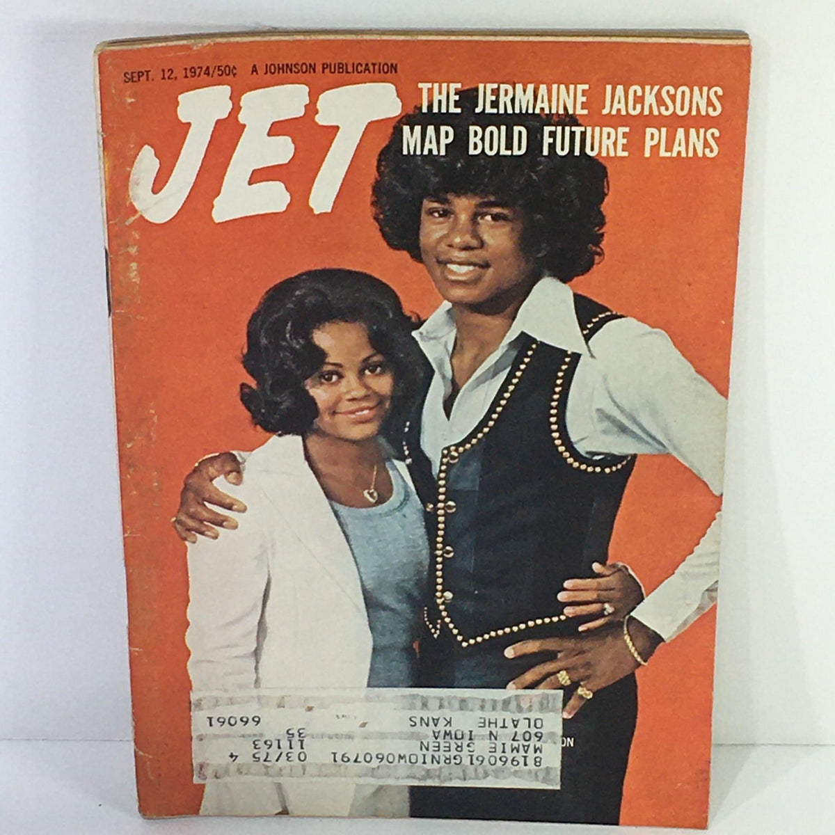 Cover of Jet Magazine from September 12, 1974, featuring Jermaine Jackson and a woman, highlighting Jermaine Jackson's map bold future plans, showcasing 1970s fashion and design.