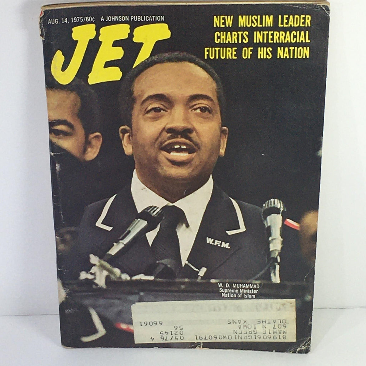 Cover of Jet Magazine dated Aug 14, 1975, featuring a prominent article titled 'New Muslim Leader Charts Interracial Future of His Nation'. The cover showcases W.D. Muhammad, Supreme Minister of the Nation of Islam, speaking at a podium. This collectible vintage magazine highlights significant cultural insights and events from the 1970s.