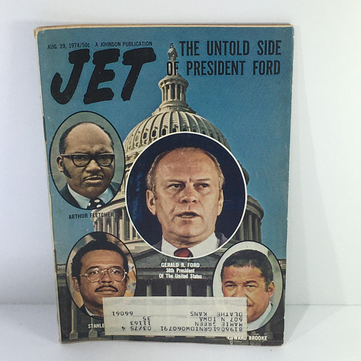 Cover of Jet Magazine: August 29, 1974 featuring 'The Untold Side of President Ford', with a portrait of Gerald R. Ford alongside images of Arthur Fletcher and Stanley C. G. Dorsett, set against a Capitol building backdrop.