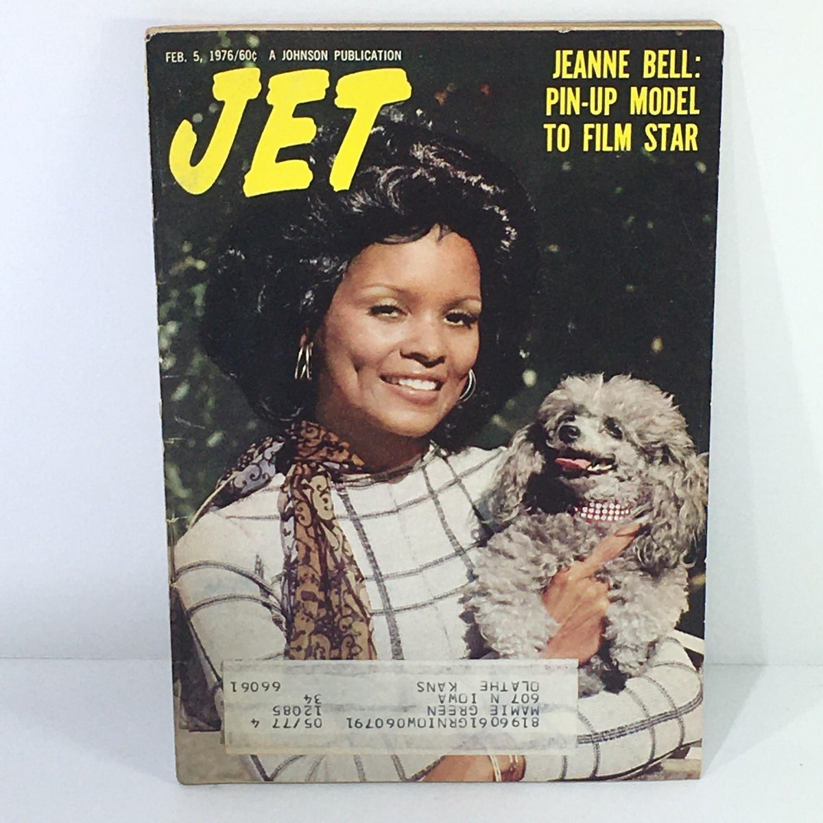 Cover of Jet Magazine: February 5, 1976 featuring Jeanne Bell, a pin-up model turned film star, posing with a small dog. The cover highlights her transition to stardom and celebrates African American culture in the 1970s.