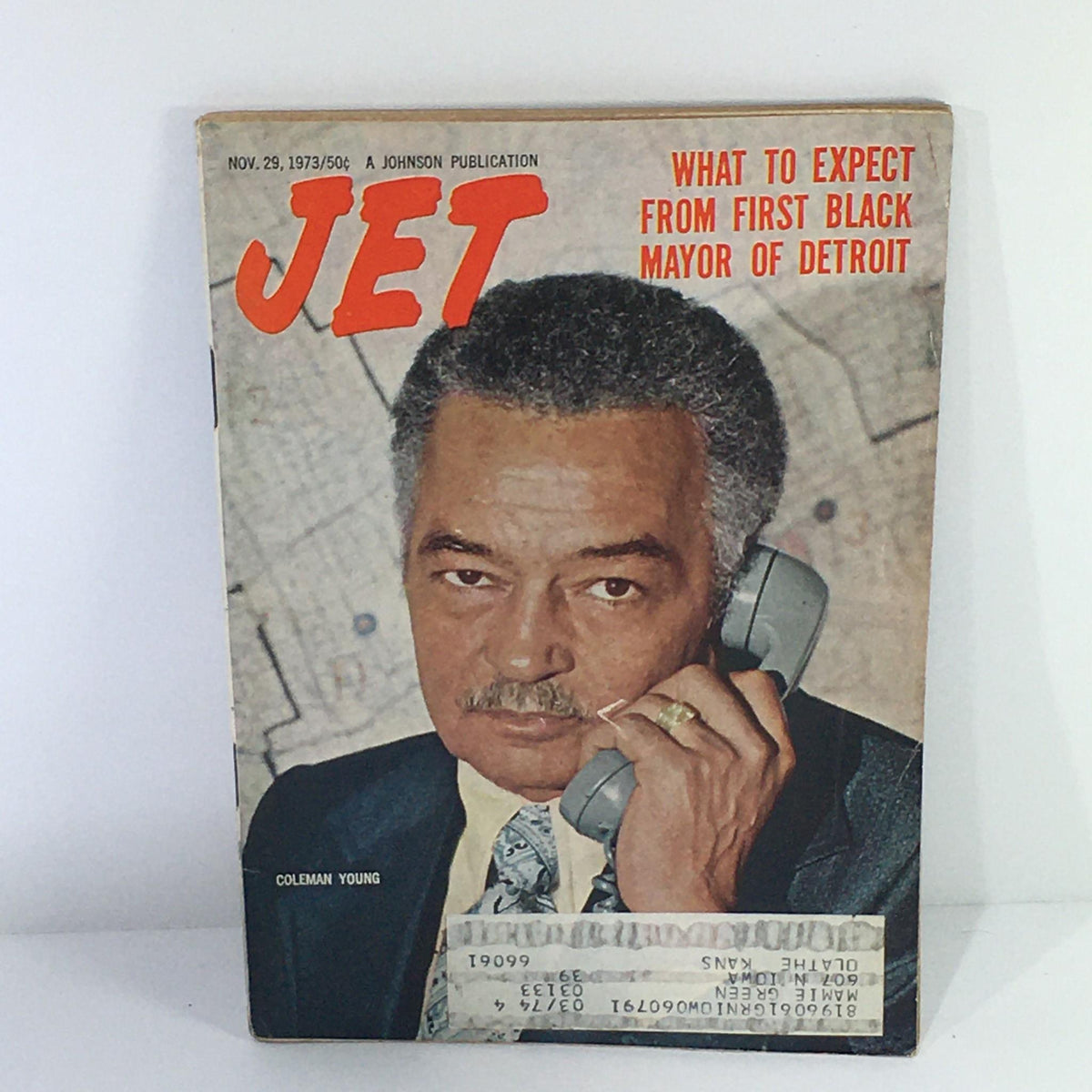 Cover of Jet Magazine from November 29, 1973, featuring the title 'What To Expect From First Black Mayor of Detroit' with a portrait of Coleman Young on the phone, symbolizing a historic moment in Detroit's political history.
