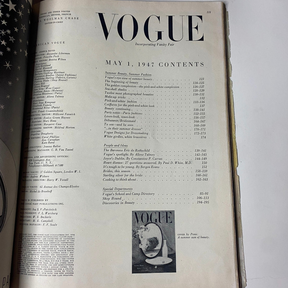 Inside page of Vogue Magazine May 1, 1947 displaying the table of contents for Summer Beauty Brides by Irving Penn and other features.