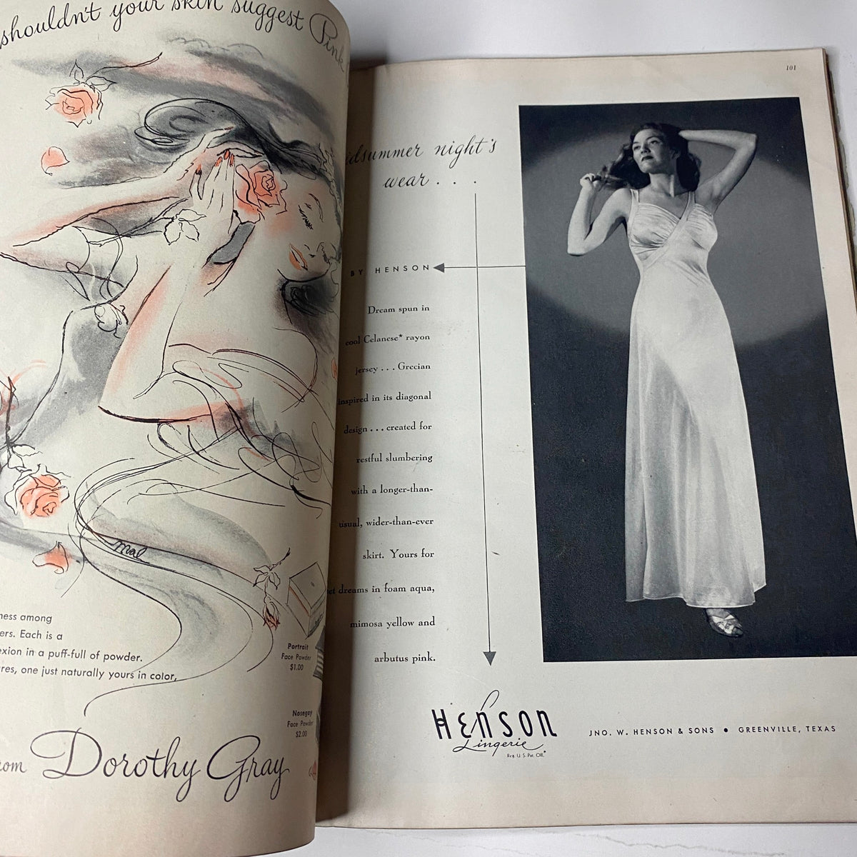 Vintage fashion advertisement featuring a sketch of a woman with roses and summer night wear from Vogue Magazine May 1, 1947 Summer Beauty Brides by Irving Penn.