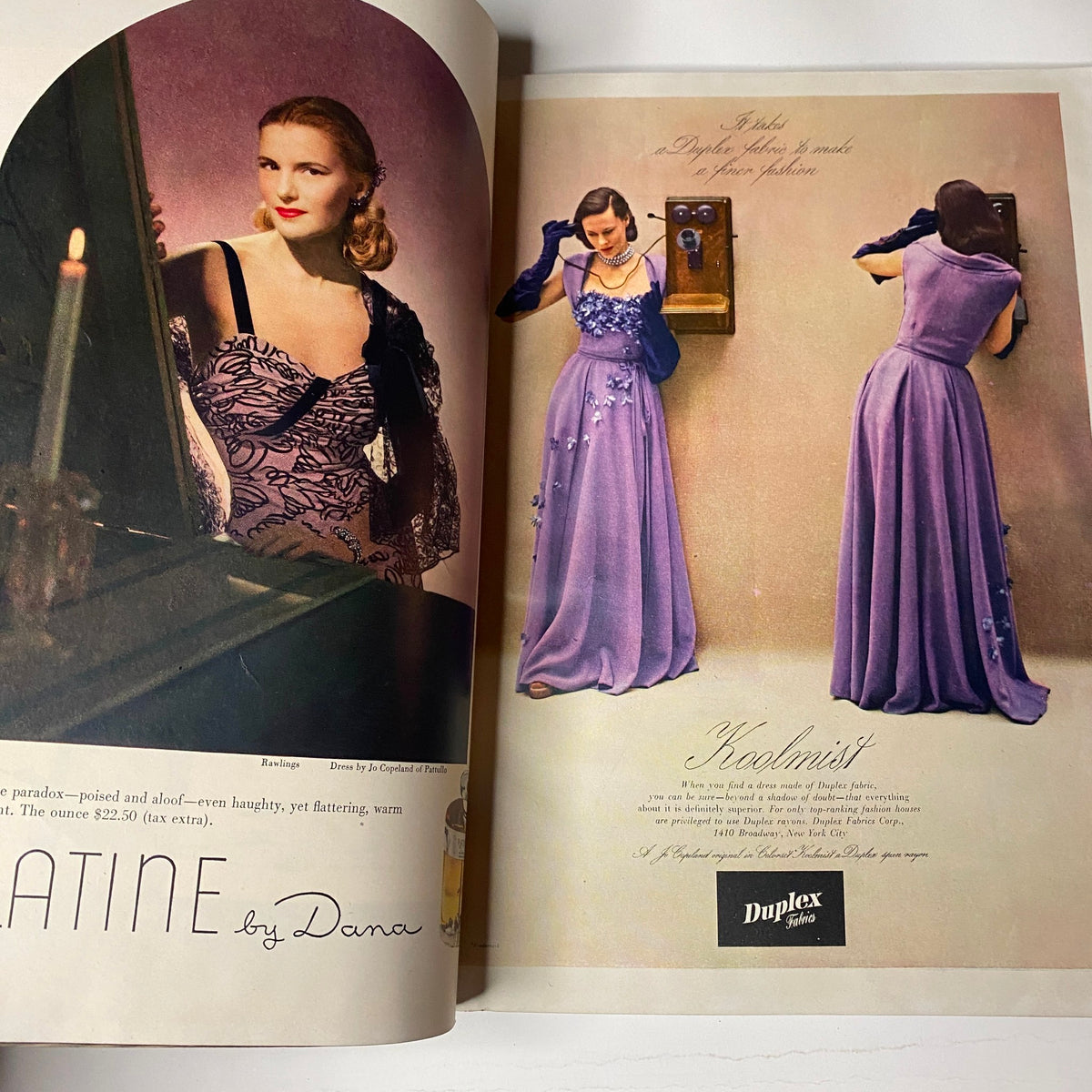 Elegant evening wear advertisement featuring a woman dressed in a sophisticated purple gown, representing bridal fashion from Vogue Magazine May 1, 1947 Summer Beauty Brides by Irving Penn.