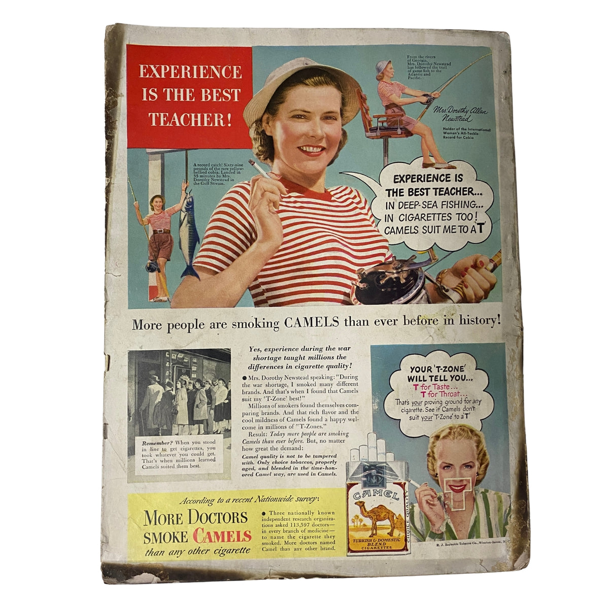 Vogue Magazine May 1, 1947 Summer Beauty Brides by Irving Penn, featuring a vintage advertisement promoting Camel cigarettes, showcasing a woman smiling while holding a cigarette and presenting the slogan 'Experience is the best teacher.' The ad highlights more people smoking Camels than ever in history, emphasizing the appeal of the product in a nostalgic, mid-20th century context.