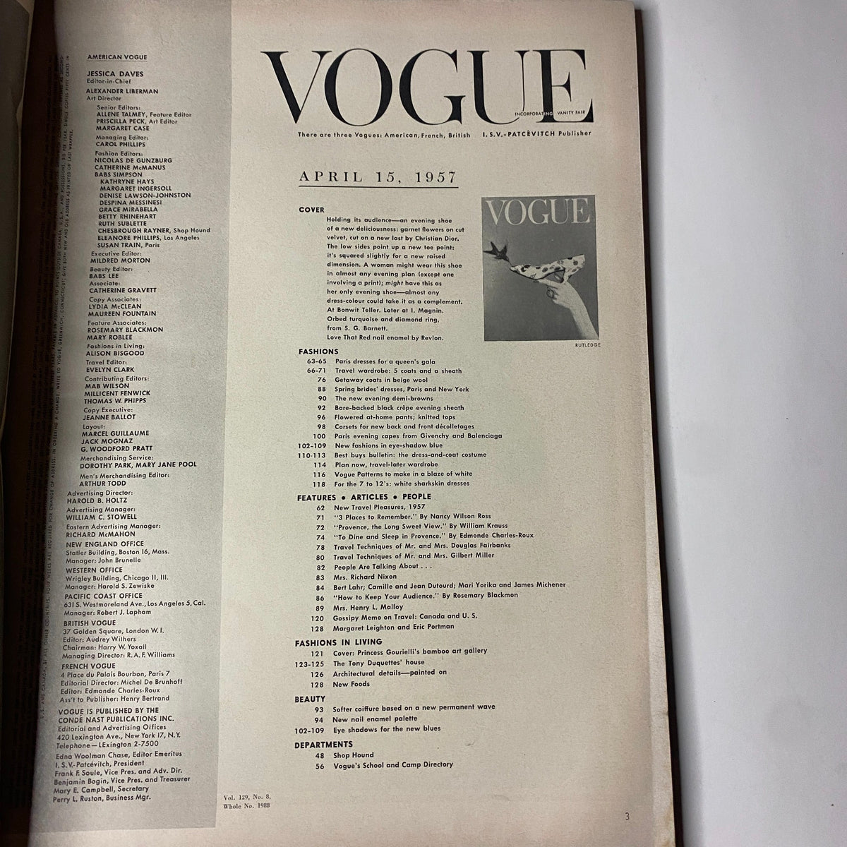 Table of contents page from Vogue Magazine April 15, 1957 detailing fashion sections and features edited by Richard Rutledge.