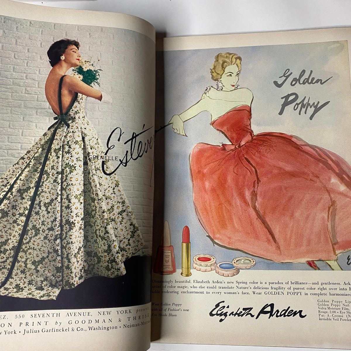 Fashion spread in Vogue Magazine April 15, 1957 showcasing an evening gown by Elizabeth Arden with floral print and artistic illustrations.