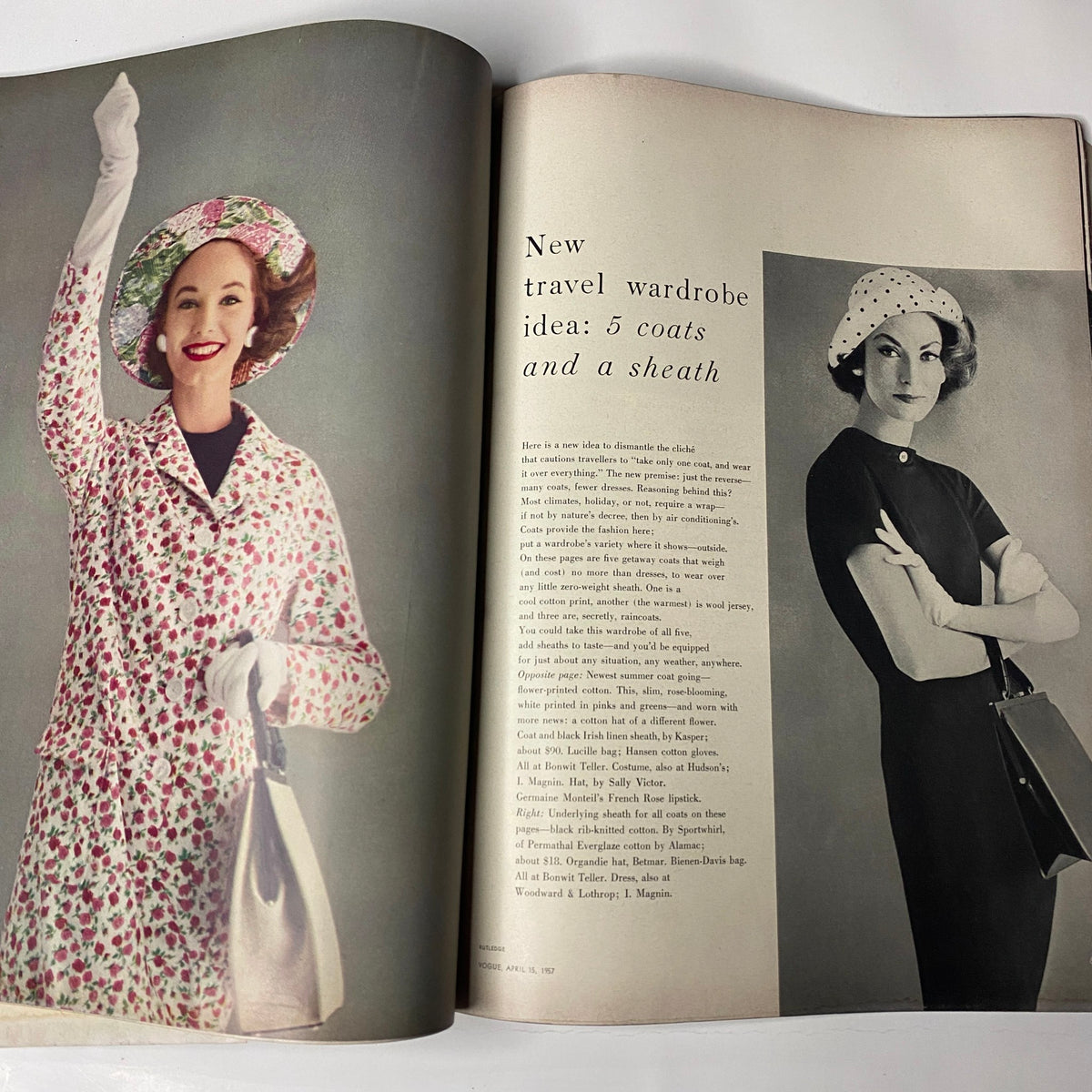 Travel wardrobe feature from Vogue Magazine April 15, 1957 presenting stylish coats and accessories aimed at modern women of the era.
