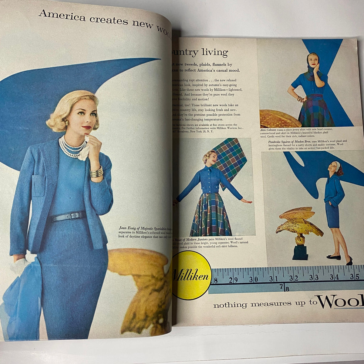 Fashion feature from Vogue Magazine September 15, 1957 presenting a stylish model highlighting wool attire for country living, complete with colorful elements.