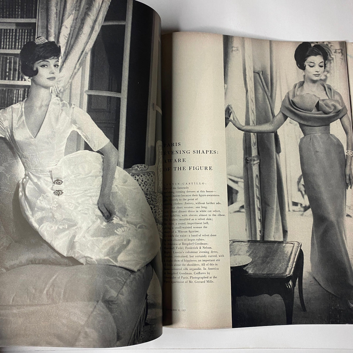 High-fashion editorial from Vogue Magazine September 15, 1957, showcasing evening wear with sophisticated designs modeled by elegant figures.